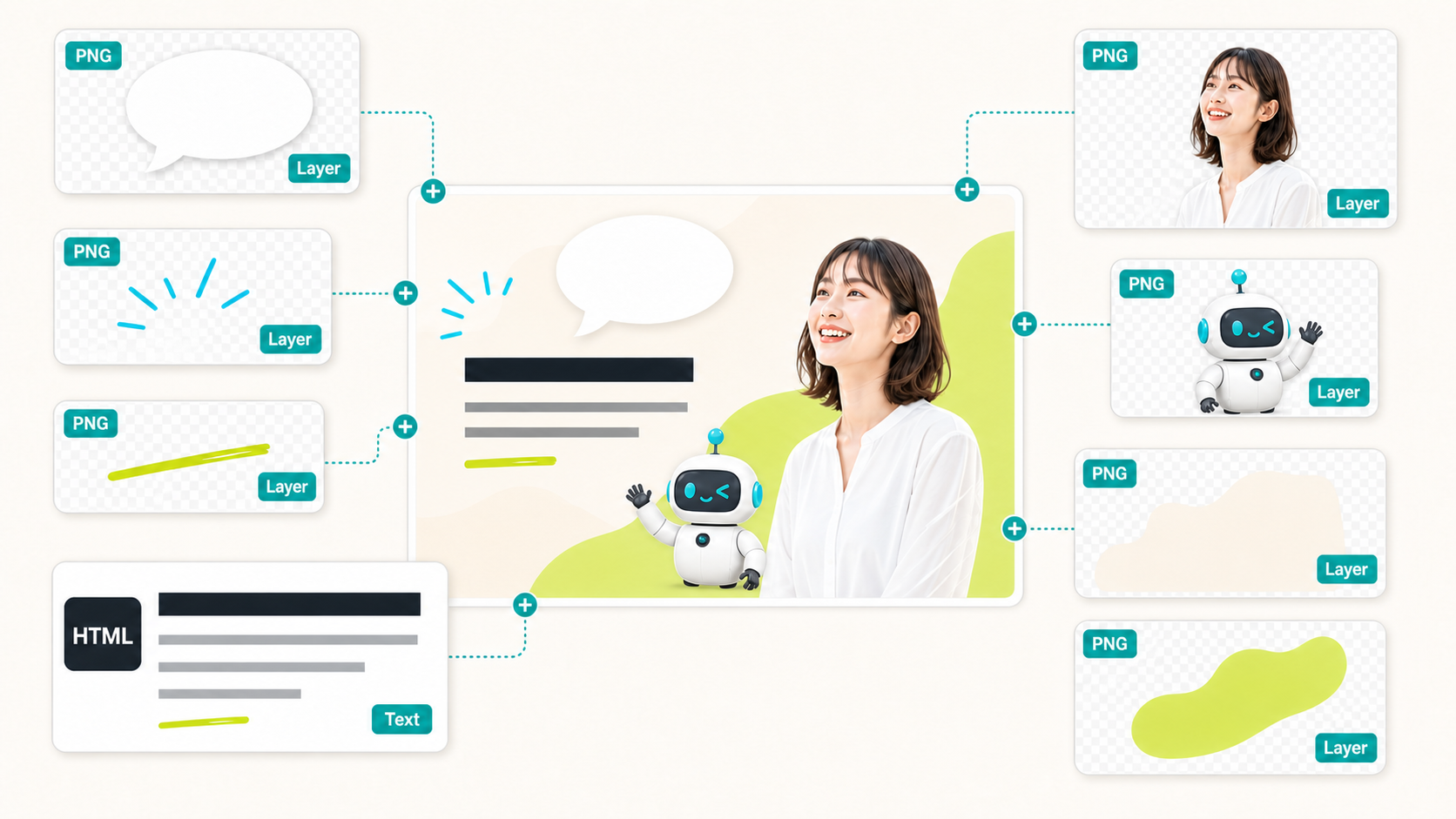 PNG素材とHTMLテキストの分解図